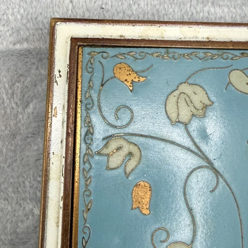 Vintage Cloisonne Enamel Compact‎ Gold Tone Blue Floral Square READ